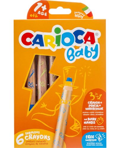 Комплект цветни моливи Carioca Baby 3 в 1 - 6 цвята, с подарък острилка  - 1